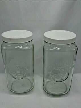 Set of 2- Vintage Golden Harvest Glass Canister, White Lid, 9 1/4” Tall